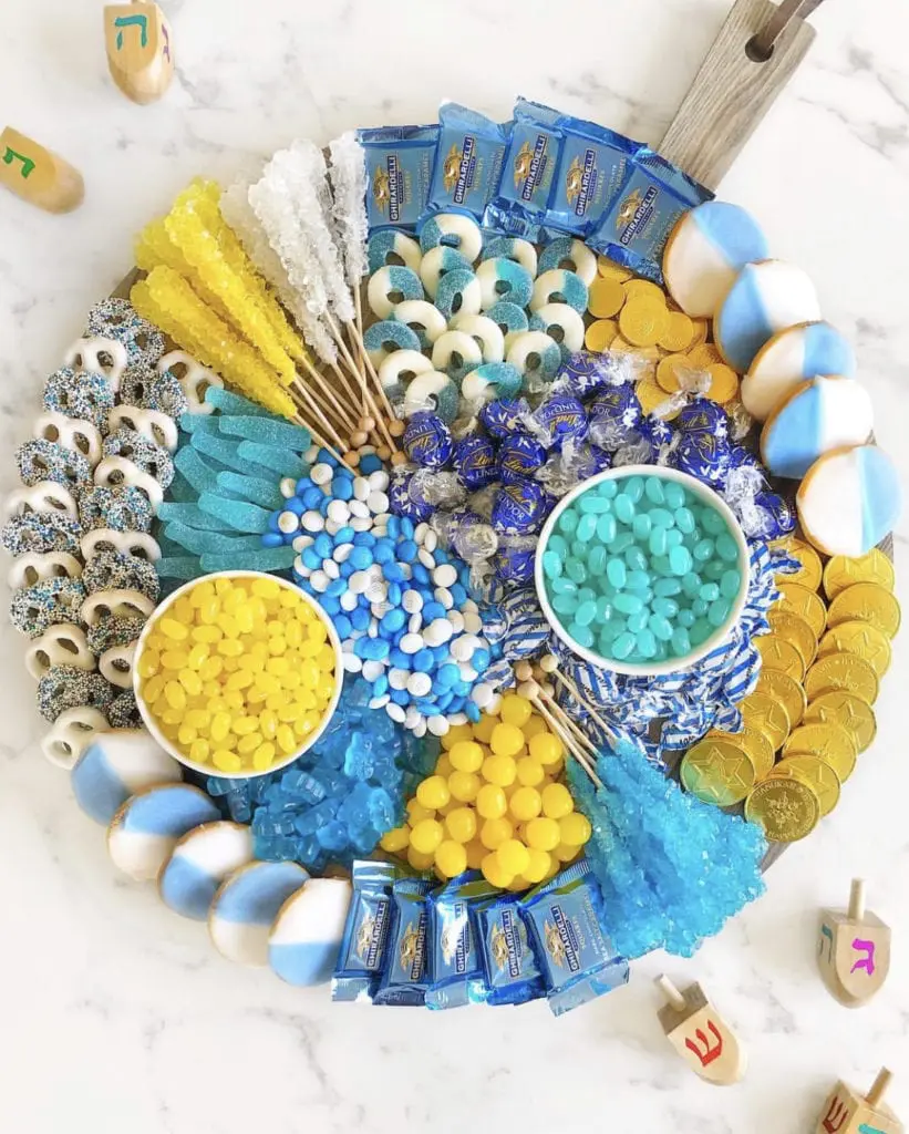 blue and yellow Hanukkah desserts and treats